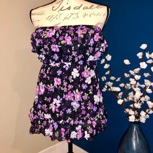 Strapless XXI black & purple floral blouse